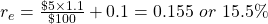 r_e=\frac{\$5\times 1.1}{\$100}+0.1=0.155\ or\ 15.5\%