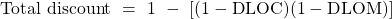 \mathrm{Total\ discount\ =\ 1\ }-\mathrm{\ [(1-D}\mathrm{LOC)(1-DLOM)]} 