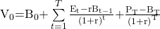 \mathrm{V}}_0\mathrm{=}{\mathrm{B}}_0\mathrm{+}\sum\limits_{t=1}^{T}{\frac{{\mathrm{E}}_{\mathrm{t}}\mathrm{-}\mathrm{r}{\mathrm{B}}_{\mathrm{t-1}}}\left(\mathrm{1+r}\right)^\mathrm{t}}\mathrm{+}\frac{{\mathrm{P}}_{\mathrm{T}}\mathrm{-}{\mathrm{B}}_{\mathrm{T}}}{{\left(\mathrm{1+r}\right)}^{\mathrm{T}}}} 