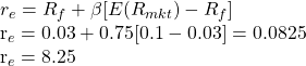  r_e = R_f + \beta[E(R_{mkt}) - R_f]  r_e = 0.03 + 0.75[0.1 - 0.03] = 0.0825  r_e = 8.25% 